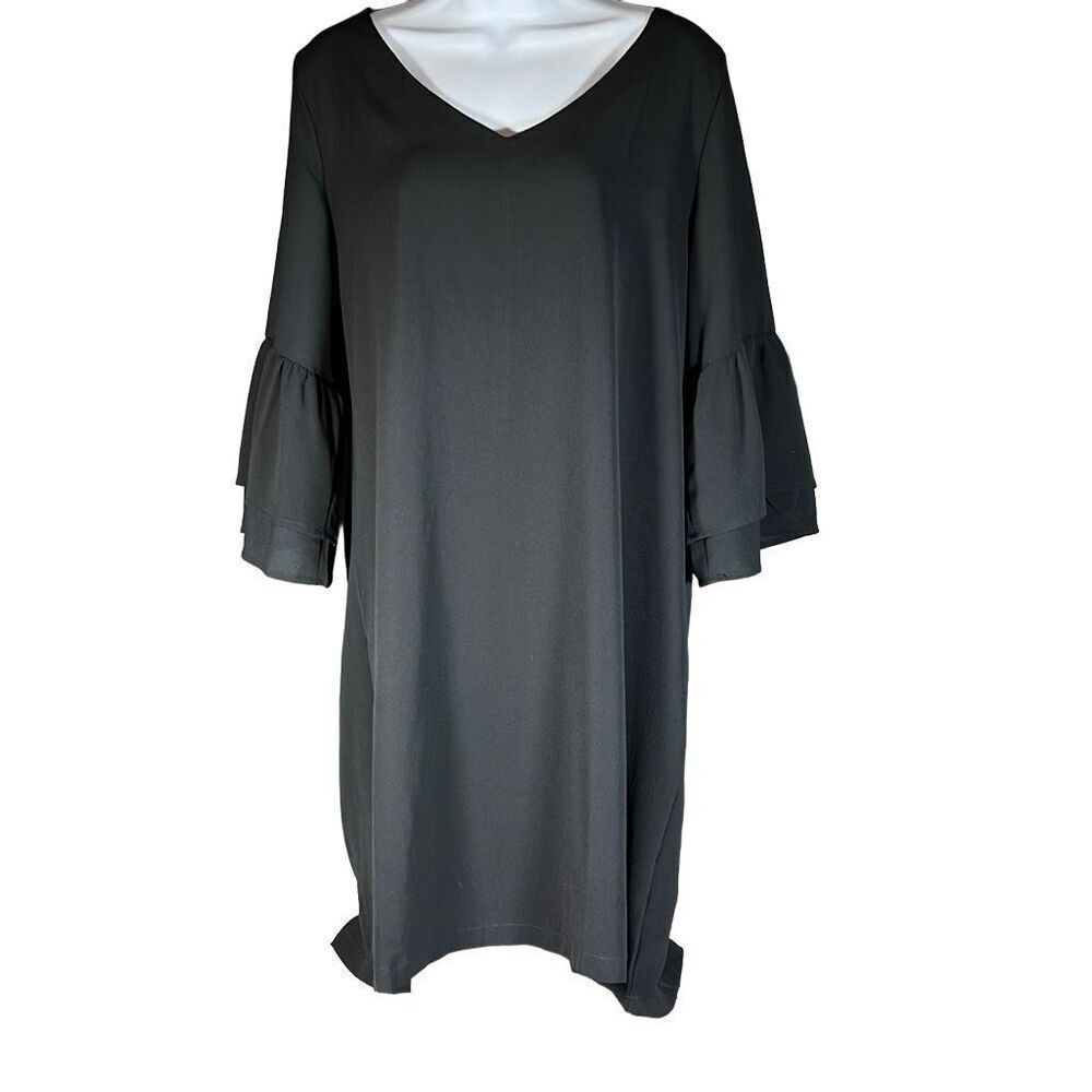 Belongsci Women's V-Neck Bell Sleeve Shift Dress Black Large